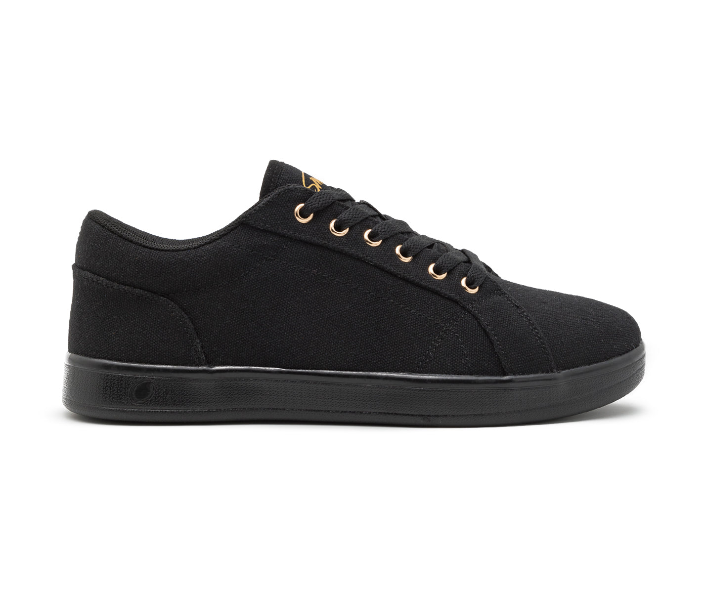 Seitenansicht des SMOVE Dance Sneaker von Dancing Queens in Schwarz mit goldenen Ösen.