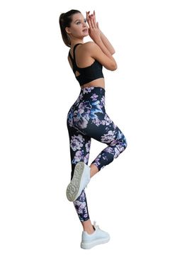 334 Leggings a vita alta in nero, blu e rosa a fiori