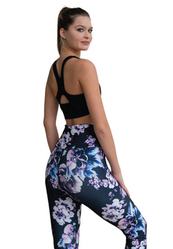 334 Leggings taille haute en noir, bleu, rose fleuri