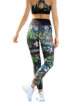 876 Leggings extra-haute taille en noir et vert fleuri