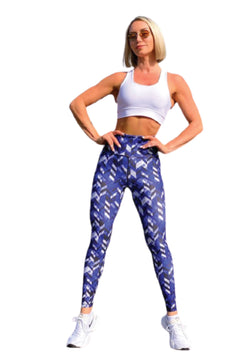 1037 Legging taille extra haute à motif bleu et blanc